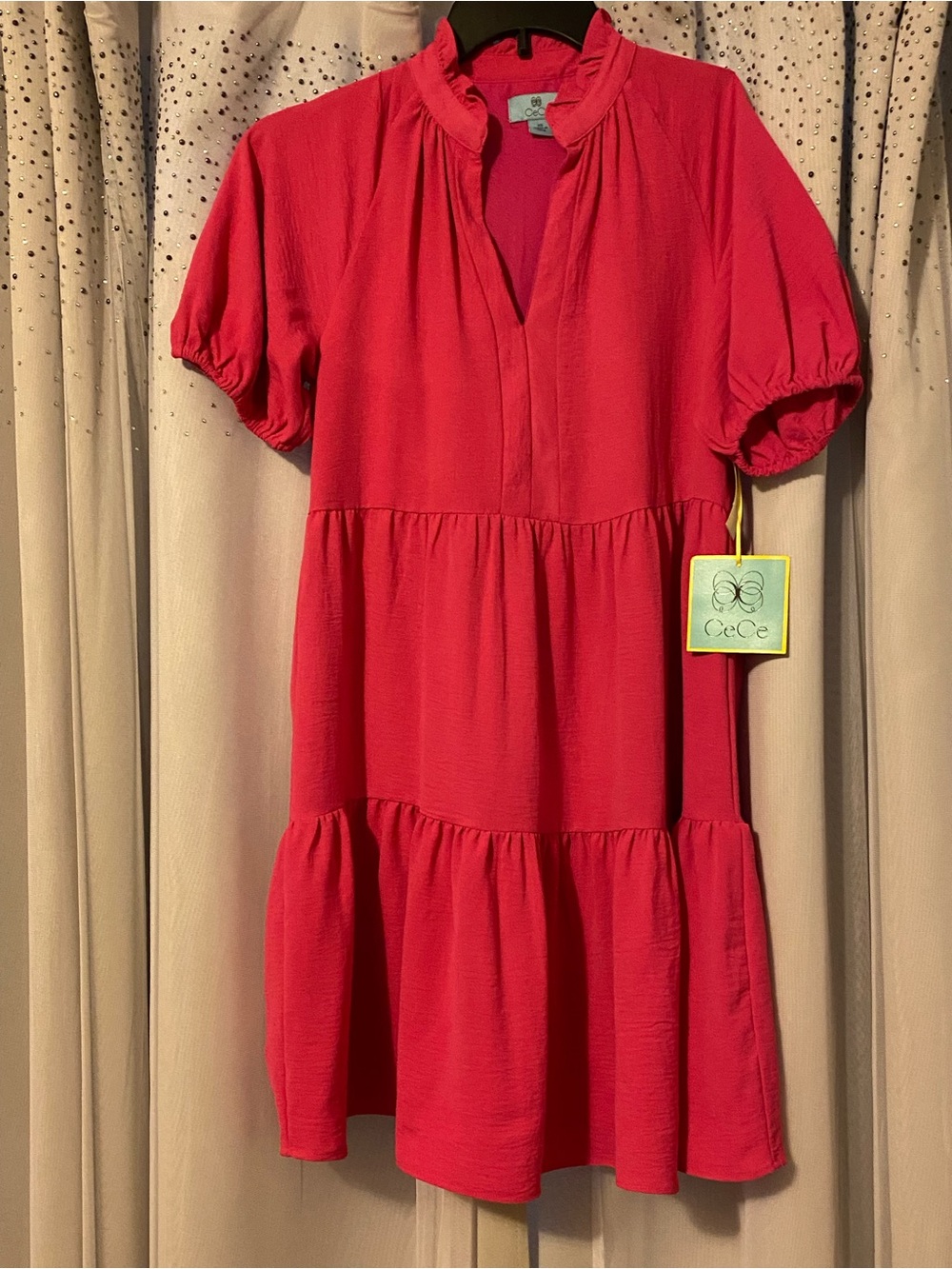 CEE CEE NWT SIZE XS BRIGHT ROSE TIERED RUFFLE NECK DRESS